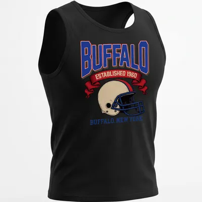 Retro football helmet design with Buffalo Established 1960 text — printed on a tank top