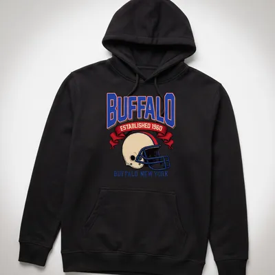 Retro football helmet design with Buffalo Established 1960 text — printed on a unisex hoodie
