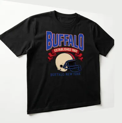 Retro football helmet design with Buffalo Established 1960 text — printed on a unisex t-shirt (angled view)