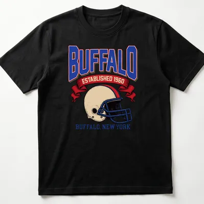 Retro football helmet design with Buffalo Established 1960 text — printed on a unisex t-shirt