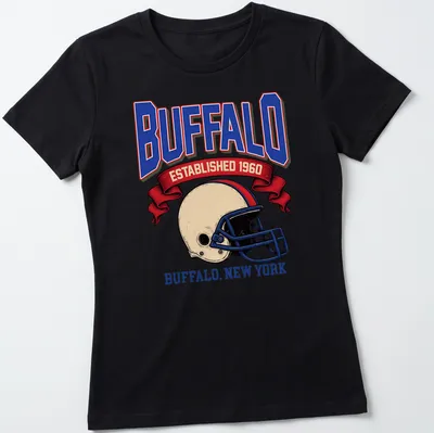 Retro football helmet design with Buffalo Established 1960 text — printed on a women's shirt