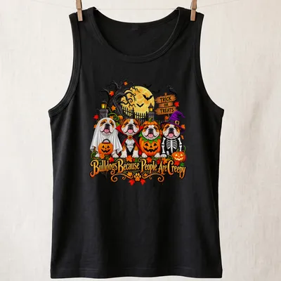 Colorful cartoon Bulldogs in Halloween costumes with humorous text. — printed on a tank top