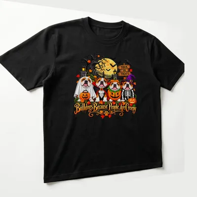 Colorful cartoon Bulldogs in Halloween costumes with humorous text. — printed on a unisex t-shirt (angled view)