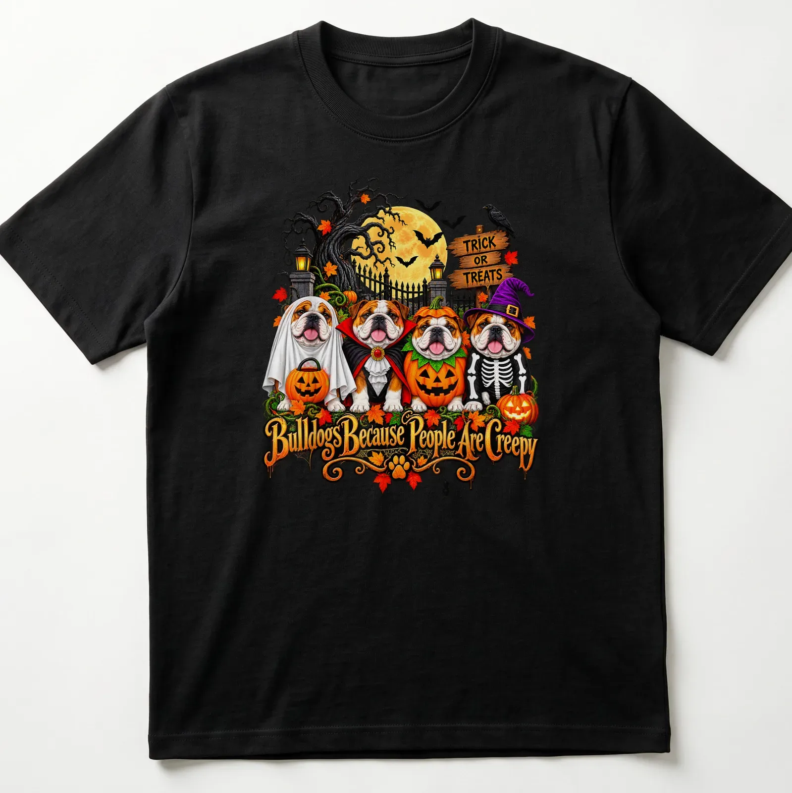 Colorful cartoon Bulldogs in Halloween costumes with humorous text. — printed on a unisex t-shirt