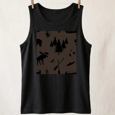 Silhouette of a brown bear, black bear, moose, trees, and fish on a — printed on a tank top