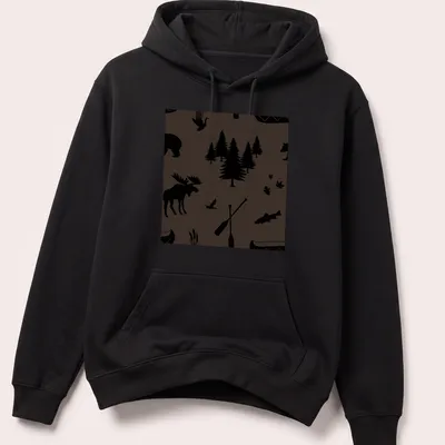 Silhouette of a brown bear, black bear, moose, trees, and fish on a — printed on a unisex hoodie