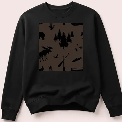 Silhouette of a brown bear, black bear, moose, trees, and fish on a — printed on a unisex sweatshirt