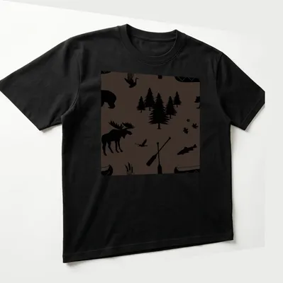 Silhouette of a brown bear, black bear, moose, trees, and fish on a — printed on a unisex t-shirt (angled view)
