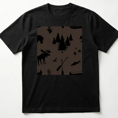 Silhouette of a brown bear, black bear, moose, trees, and fish on a — printed on a unisex t-shirt