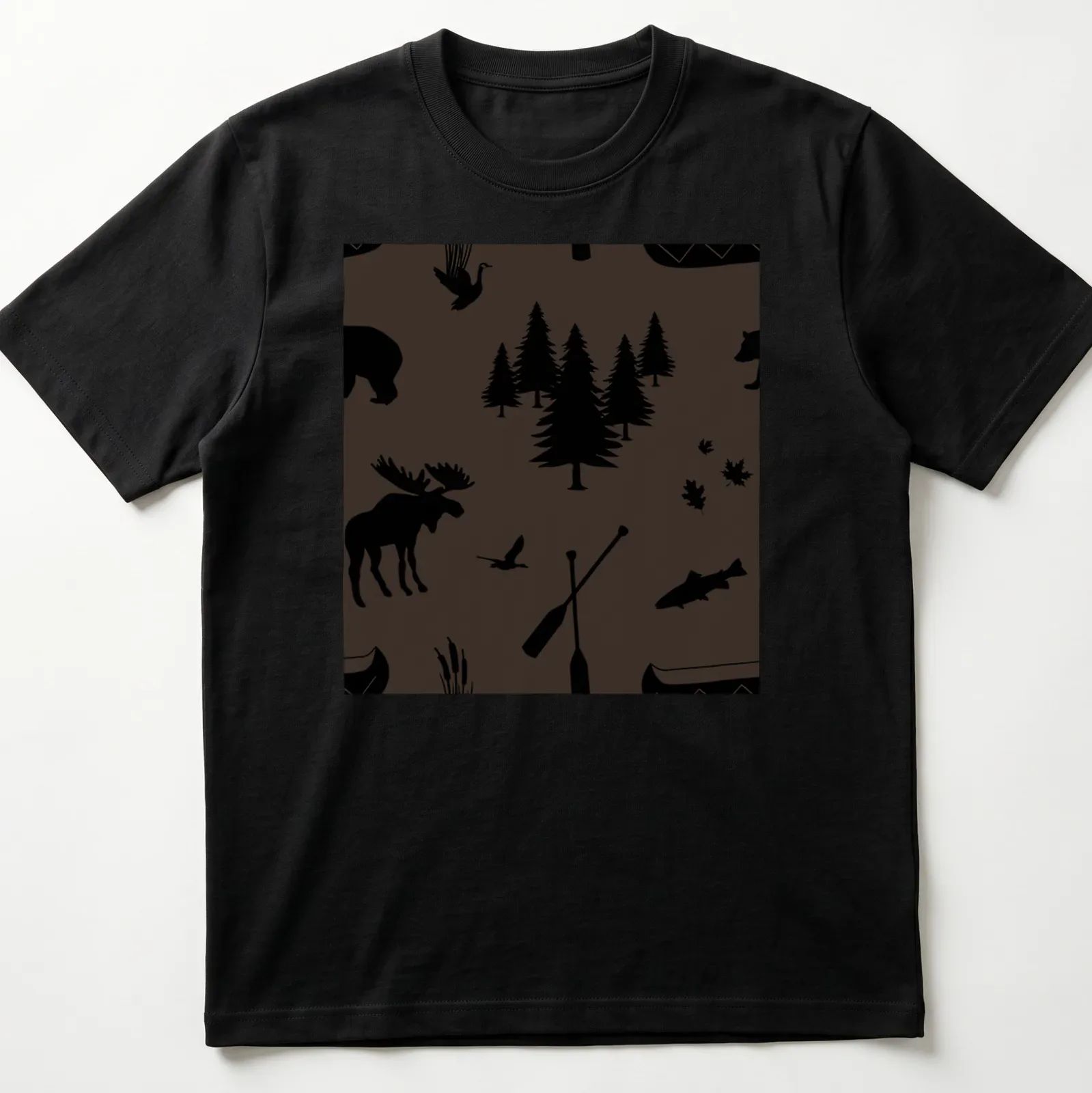 Silhouette of a brown bear, black bear, moose, trees, and fish on a — printed on a unisex t-shirt