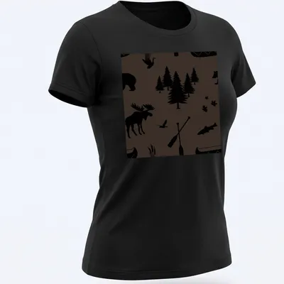 Silhouette of a brown bear, black bear, moose, trees, and fish on a — printed on a women's shirt