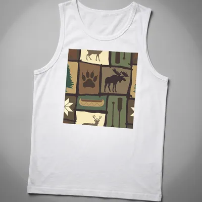 Patchwork illustration of a moose in a woodland setting with trees and a canoe — printed on a tank top