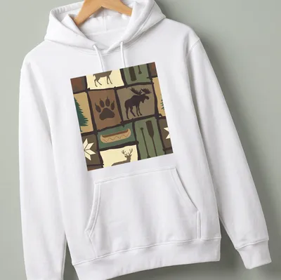 Patchwork illustration of a moose in a woodland setting with trees and a canoe — printed on a unisex hoodie