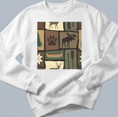 Patchwork illustration of a moose in a woodland setting with trees and a canoe — printed on a unisex sweatshirt