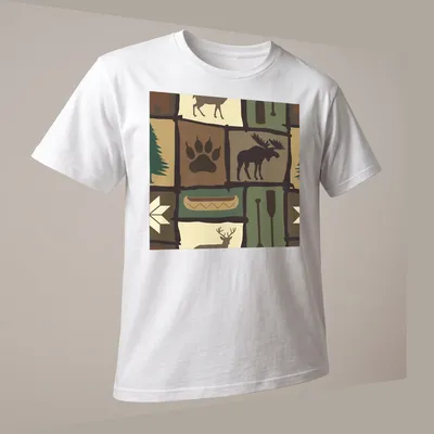 Patchwork illustration of a moose in a woodland setting with trees and a canoe — printed on a unisex t-shirt (angled view)