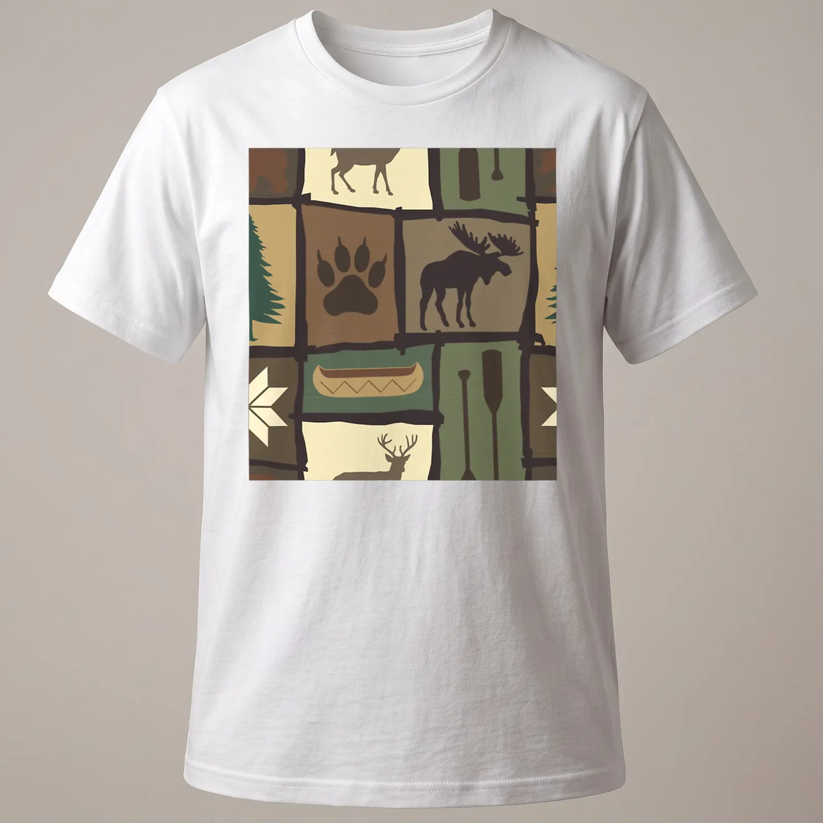 Patchwork illustration of a moose in a woodland setting with trees and a canoe — printed on a unisex t-shirt