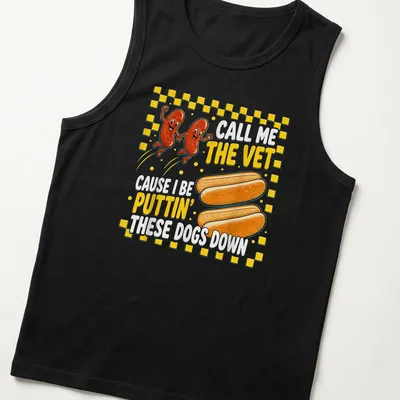 Cartoon-style t-shirt featuring a humorous hot dog design with text about being a vet — printed on a tank top