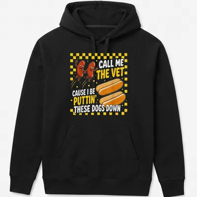 Cartoon-style t-shirt featuring a humorous hot dog design with text about being a vet — printed on a unisex hoodie