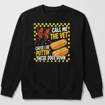 Cartoon-style t-shirt featuring a humorous hot dog design with text about being a vet — printed on a unisex sweatshirt