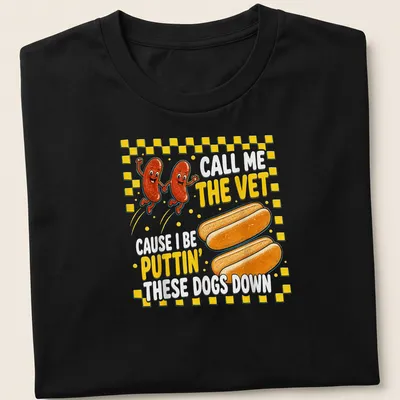 Cartoon-style t-shirt featuring a humorous hot dog design with text about being a vet