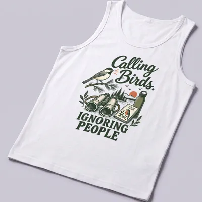 Vintage illustration of a bird with the text 'Calling Birds. Ignoring People' — printed on a tank top