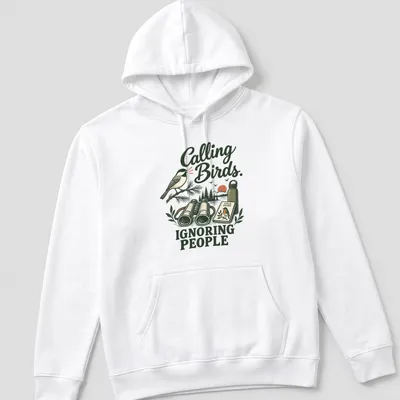 Vintage illustration of a bird with the text 'Calling Birds. Ignoring People' — printed on a unisex hoodie