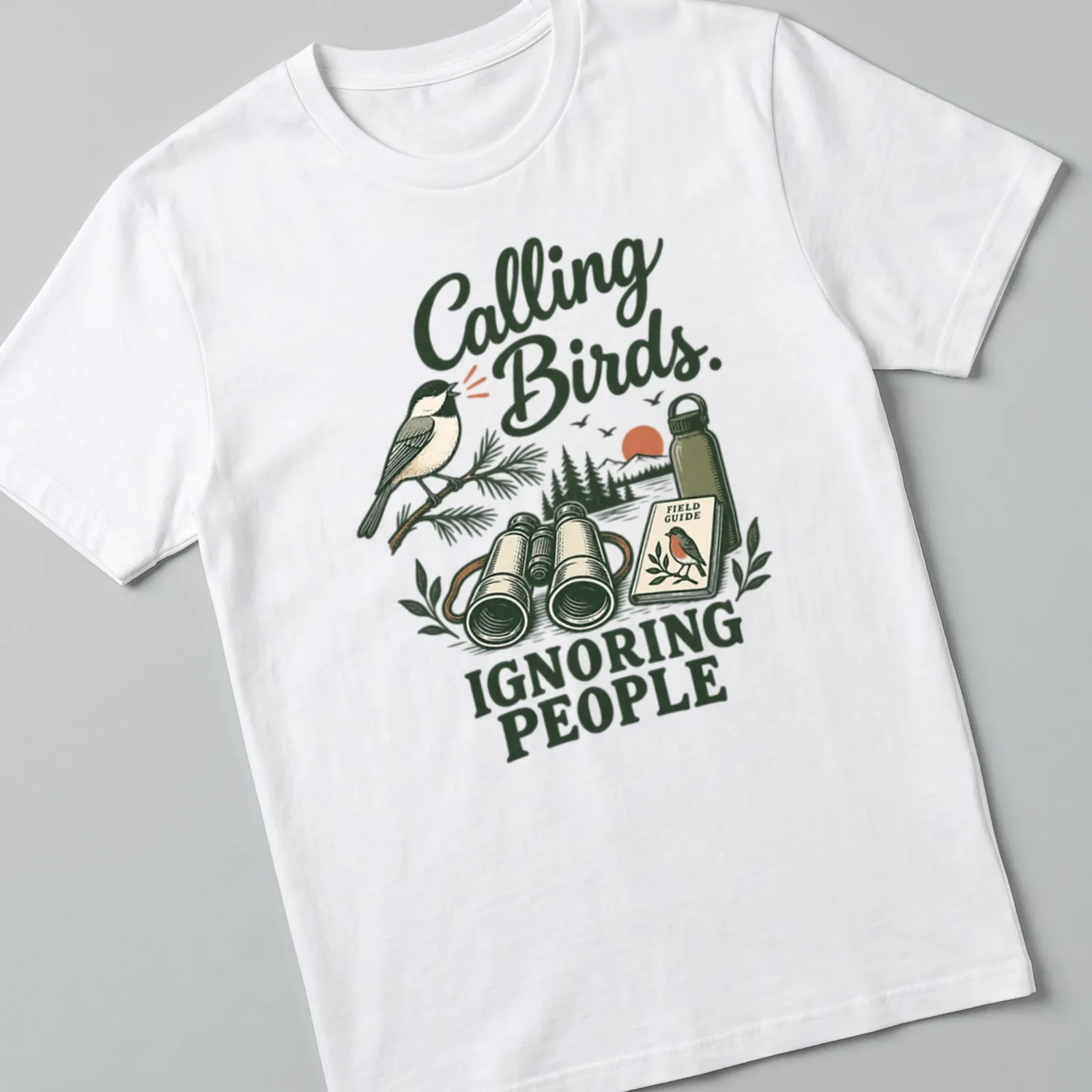 Vintage illustration of a bird with the text 'Calling Birds. Ignoring People' — printed on a unisex t-shirt