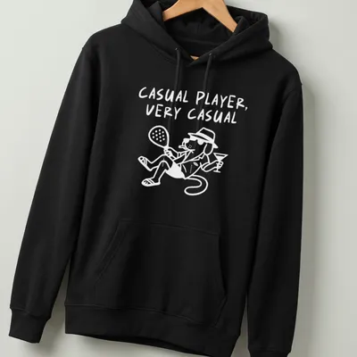 Modern graphic of a tennis padel player with the text Casual Player — printed on a unisex hoodie