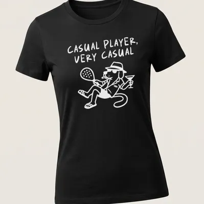 Modern graphic of a tennis padel player with the text Casual Player — printed on a women's shirt