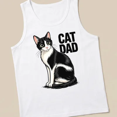 Cartoon design of a black and white cat with 'CAT DAD' text in playful font — printed on a tank top