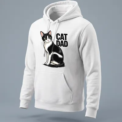 Cartoon design of a black and white cat with 'CAT DAD' text in playful font — printed on a unisex hoodie