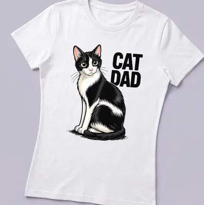 Cartoon design of a black and white cat with 'CAT DAD' text in playful font — printed on a women's shirt