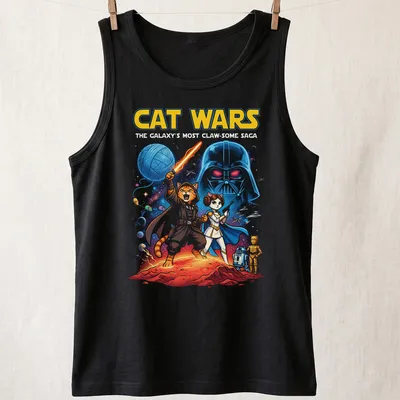 Colorful comic design featuring cats as space characters with playful text — printed on a tank top