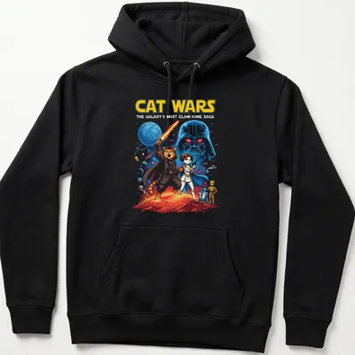 Colorful comic design featuring cats as space characters with playful text — printed on a unisex hoodie