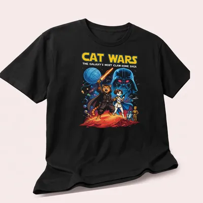 Colorful comic design featuring cats as space characters with playful text — printed on a unisex t-shirt (angled view)