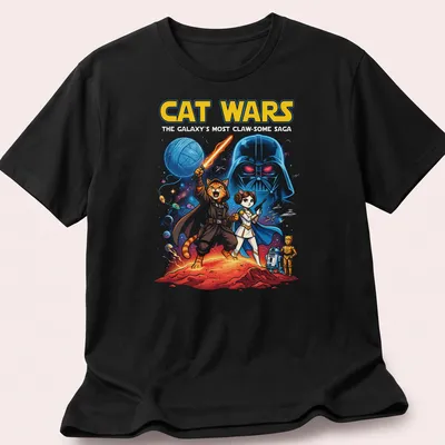 Colorful comic design featuring cats as space characters with playful text — printed on a unisex t-shirt