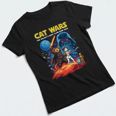 Colorful comic design featuring cats as space characters with playful text — printed on a women's shirt