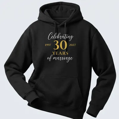Elegant typography celebrating 30 years of marriage in gold and white — printed on a unisex hoodie