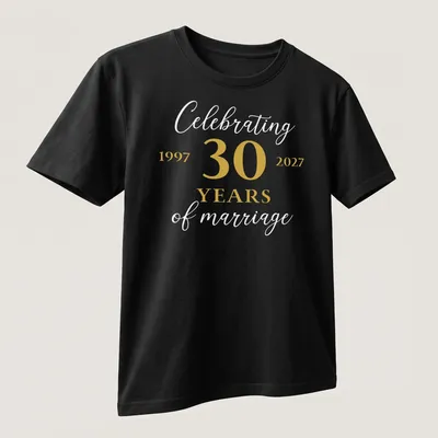 Elegant typography celebrating 30 years of marriage in gold and white — printed on a unisex t-shirt (angled view)