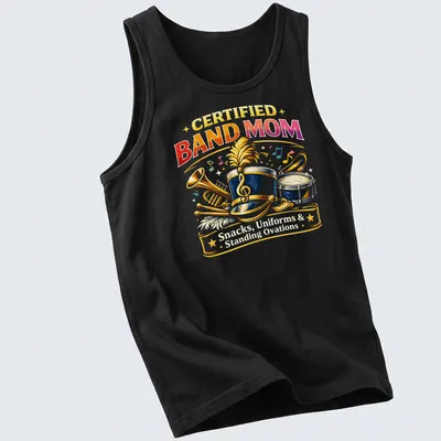 Vibrant retro design with printed text about being a band mom and illustrated instruments. — printed on a tank top