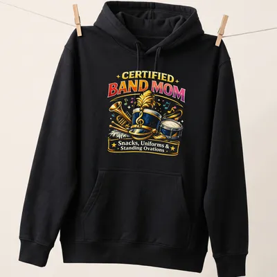 Vibrant retro design with printed text about being a band mom and illustrated instruments. — printed on a unisex hoodie