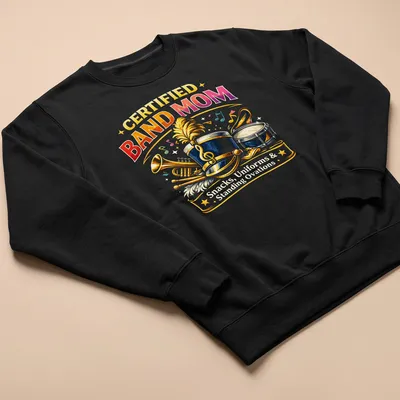 Vibrant retro design with printed text about being a band mom and illustrated instruments. — printed on a unisex sweatshirt