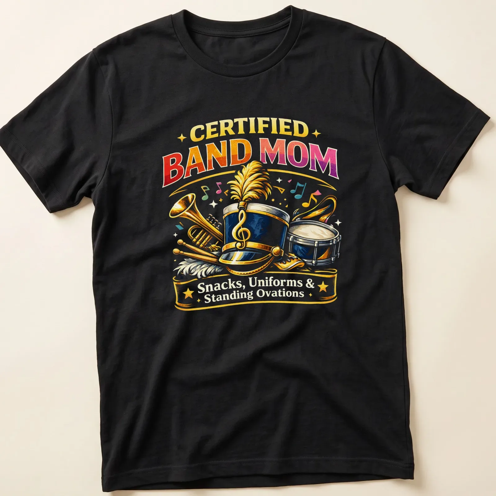 Vibrant retro design with printed text about being a band mom and illustrated instruments. — printed on a unisex t-shirt