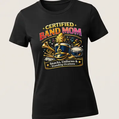 Vibrant retro design with printed text about being a band mom and illustrated instruments. — printed on a women's shirt