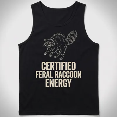 Line-art design of a feral raccoon with text declaring 'Certified Feral Raccoon Energy' — printed on a tank top