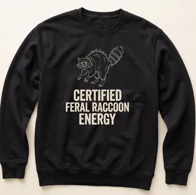 Line-art design of a feral raccoon with text declaring 'Certified Feral Raccoon Energy' — printed on a unisex sweatshirt