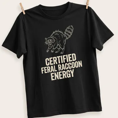 Line-art design of a feral raccoon with text declaring 'Certified Feral Raccoon Energy'