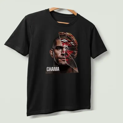 Dramatic portrait of Alex Pereira with shattered glass effect and bold lettering — printed on a unisex t-shirt (angled view)