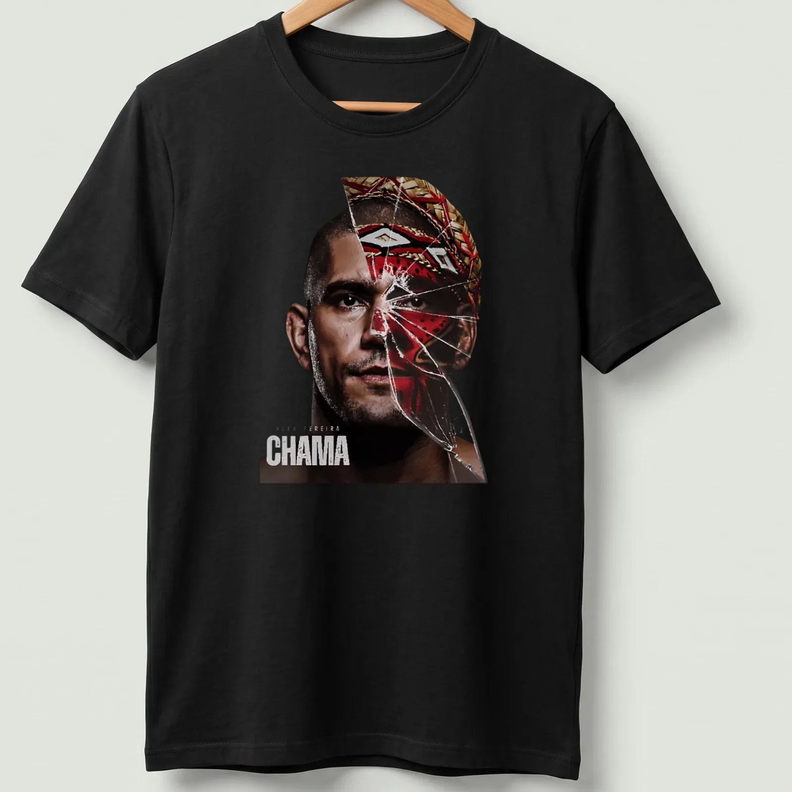 Dramatic portrait of Alex Pereira with shattered glass effect and bold lettering — printed on a unisex t-shirt