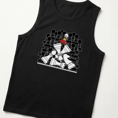 Cartoon style chess piece clown with Checkmate Joker text in vibrant colors. — printed on a tank top